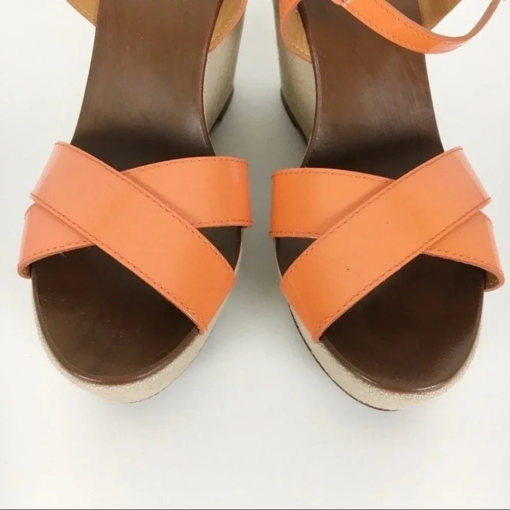 JCREW J CREW Size‎ 7 Orange Patent Leather Strappy Wedges Platform Heels Sandals